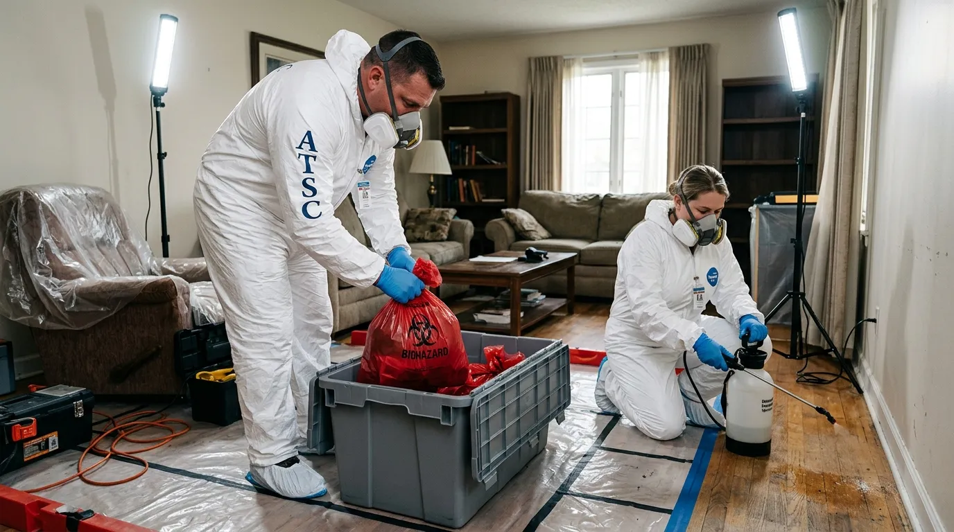 Professional Biohazard Cleanup technician in full PPE working in Bailey